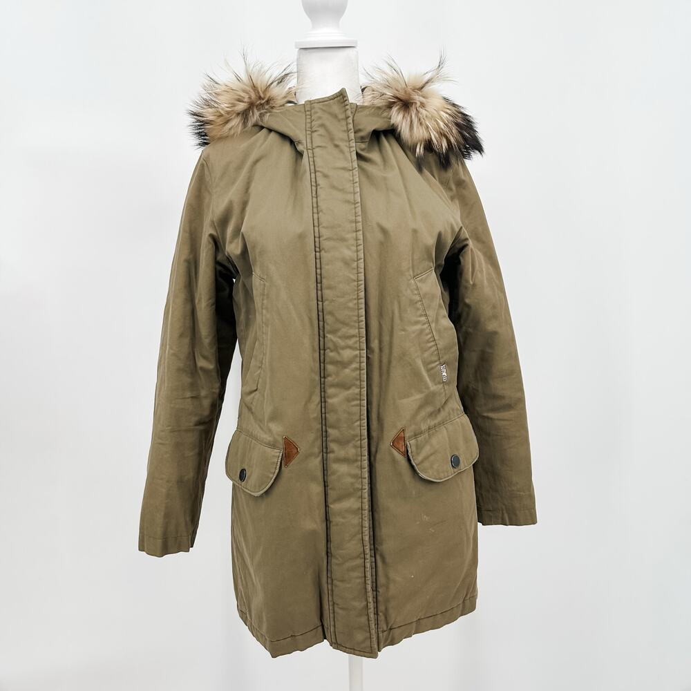 Burberry Duffle Coat Jacket Fur Winter Puffer Down Plaid XS Brown Green Hood LW
